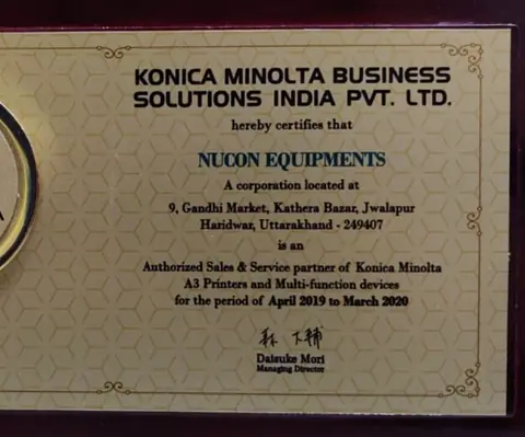 Konica Minolta certificate naming Nucon Equipments an authorised sales and service partner